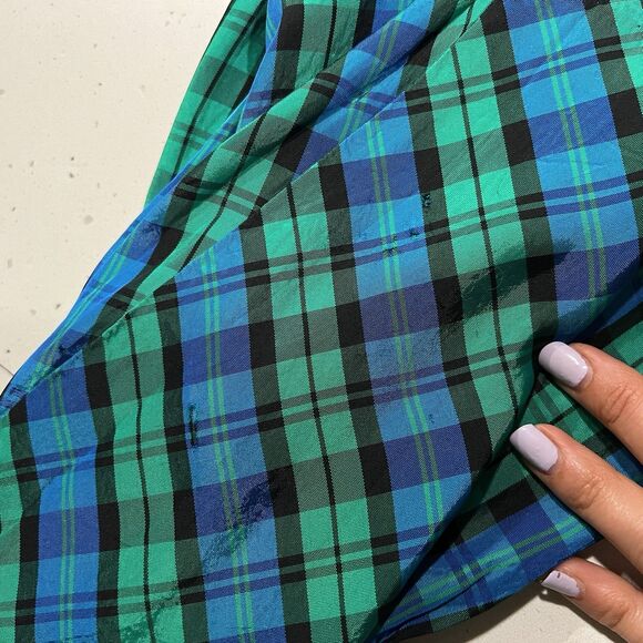 Vintage Taffeta Plaid Puff Sleeve Fit Flare Dress small wrap top blue green - Picture 8 of 8